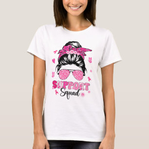 Support Squad Messy Bun Pink Warrior Breast Cancer T-Shirt