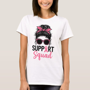 Support Squad Messy Bun Pink Warrior Breast Cancer T-Shirt