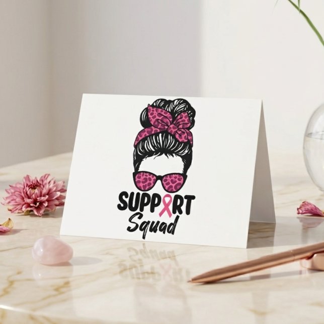 Support Squad Messy Bun Pink Warrior Breast Cancer Thank You Card (Creator Uploaded)