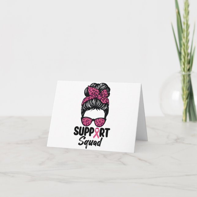 Support Squad Messy Bun Pink Warrior Breast Cancer Thank You Card (Front)