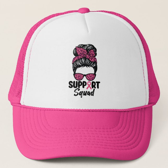 Support Squad Messy Bun Pink Warrior Breast Cancer Trucker Hat (Front)