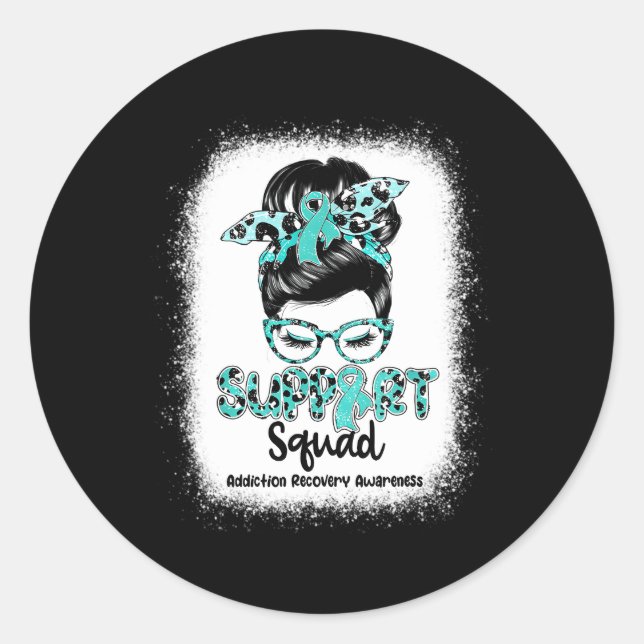 Support Squad Messy Bun Teal Ribbon Addiction Reco Classic Round Sticker (Front)