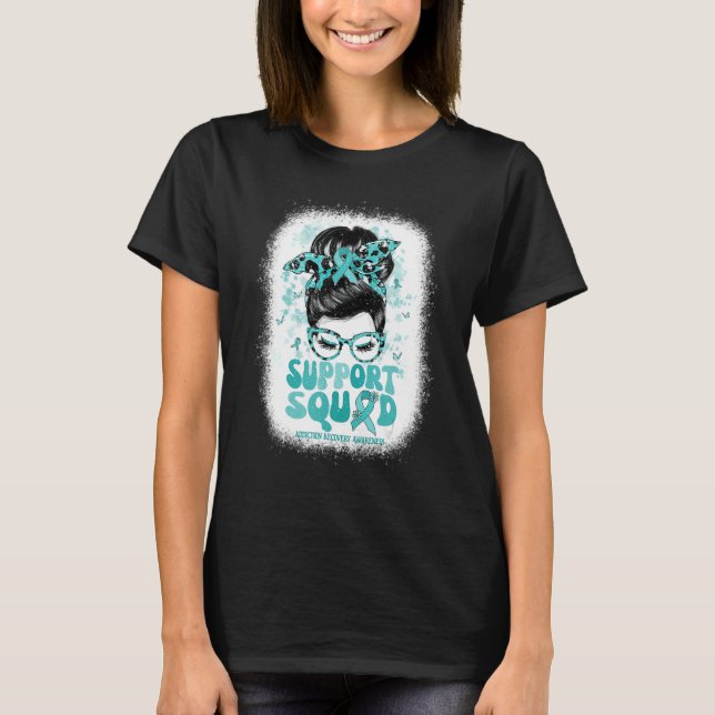 Support Squad Messy Bun Teal Ribbon Addiction Reco T-Shirt (Front)