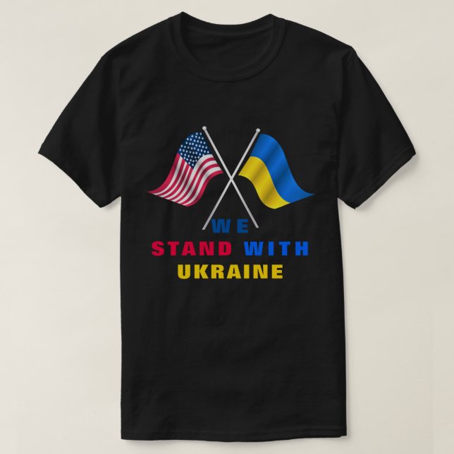 Support Ukraine T-Shirt USA and Ukrainian Flags (Design Front)