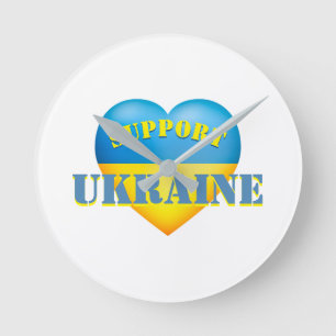 Support Ukraine Yellow and Blue Heart   Round Clock