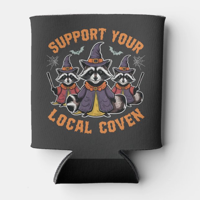 Support Your Local Coven Spooky Racoon Halloween Can Cooler (Front)