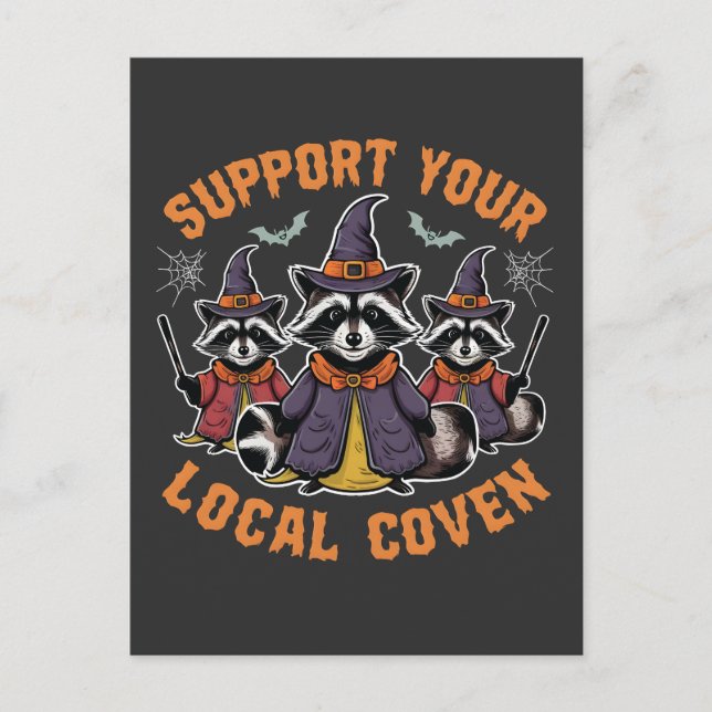 Support Your Local Coven Spooky Racoon Halloween Postcard (Front)