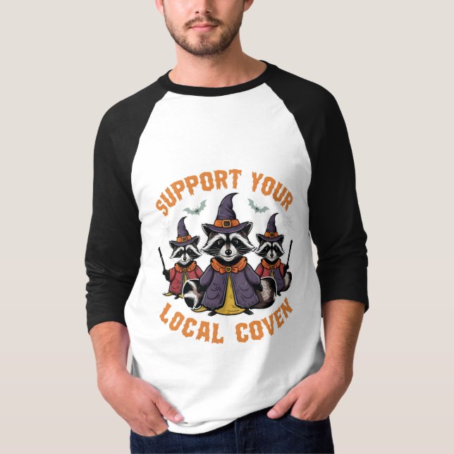 Support Your Local Coven Spooky Racoon Halloween T-Shirt (Front)
