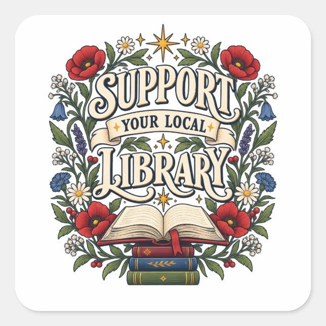 Support your local library square sticker (Front)