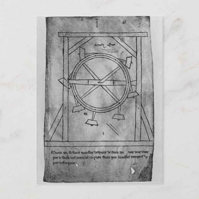 Supposedly perpetual motion mallets and wheel postcard (Front)