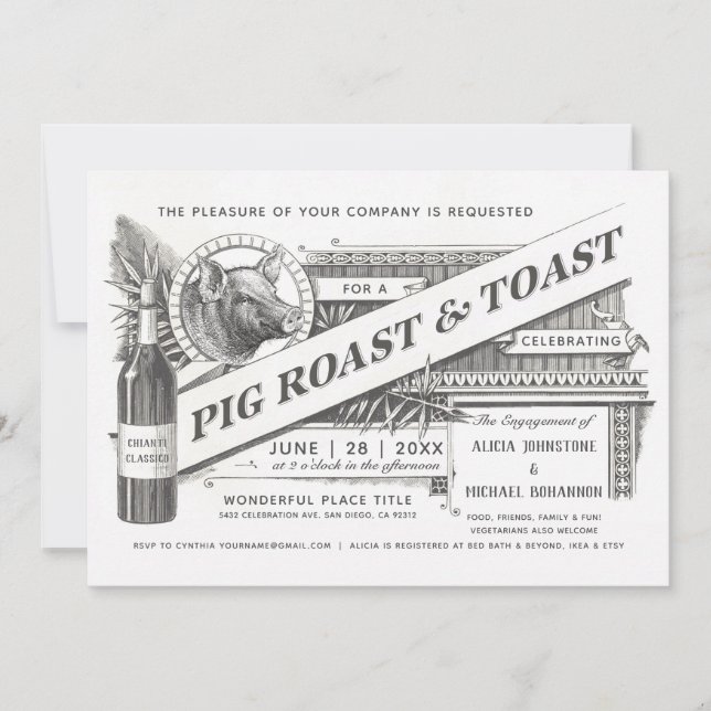 Supreme Vintage Pig Roast & Toast Invitations (Front)
