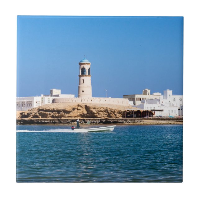 Sur Lighthouse with fisherman boat - Sur, Oman Ceramic Tile (Front)