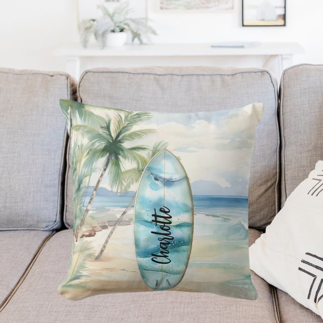 Surboard beach palm trees name cushion (Creator Uploaded)