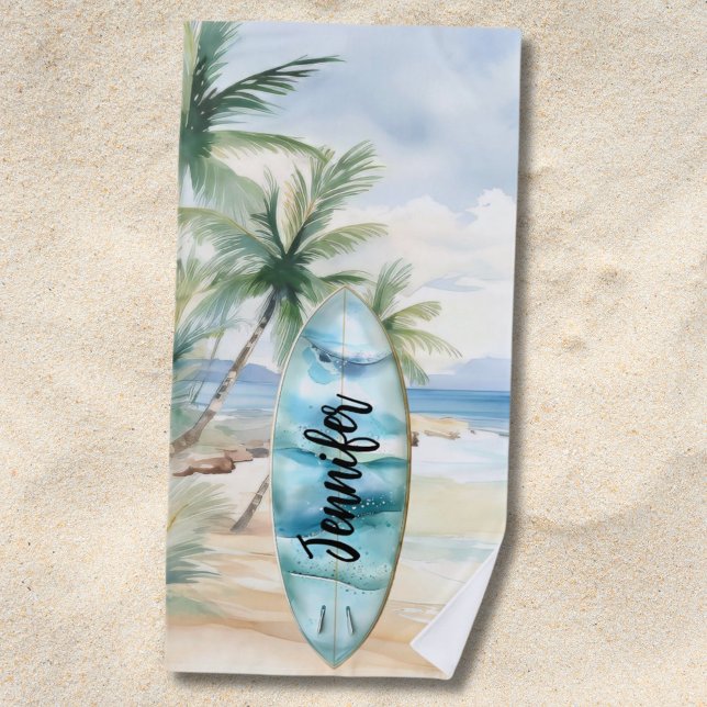 Surboard beach palm trees name towel (Creator Uploaded)