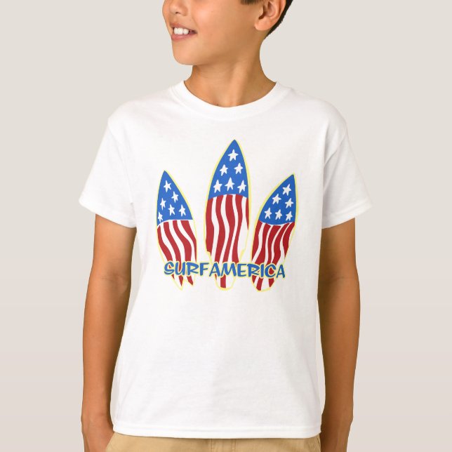 Surf America Surfboard Patriotic Flag T-Shirt (Front)