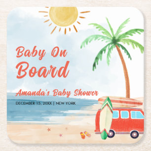 Surf Beach Baby On Board Baby Shower  Square Paper Coaster