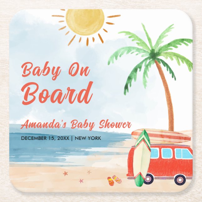 Surf Beach Baby On Board Baby Shower  Square Paper Coaster (Front)
