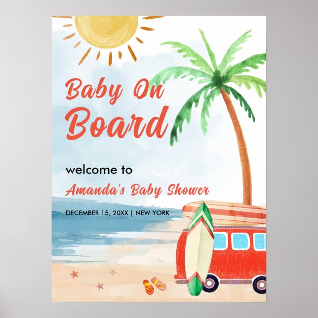 Surf Beach Baby On Board Baby Shower Welcome Poster (Front)