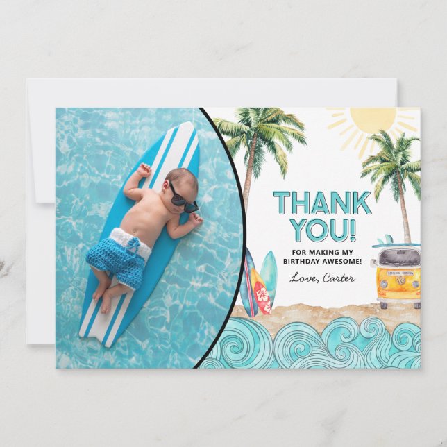 Surf Birthday Thank You Card (Front)