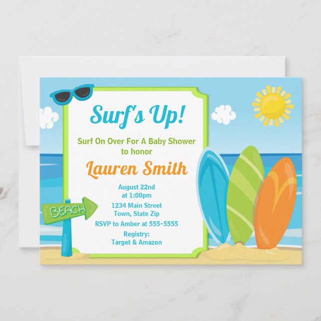 Surf Board Baby Shower Invitation Surfer Boy (Front)