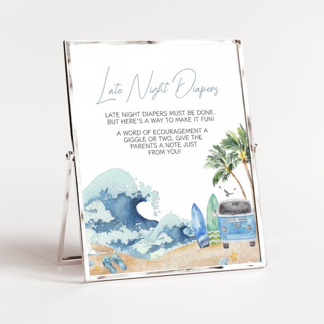 Surf Board Beach Baby Shower Late Night Diapers Poster (Surfing Summer Baby Shower Late Night Diapers Sign)