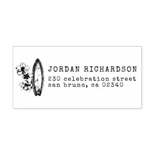 Surf Board & Hibiscus Custom Name & Return Address Rubber Stamp