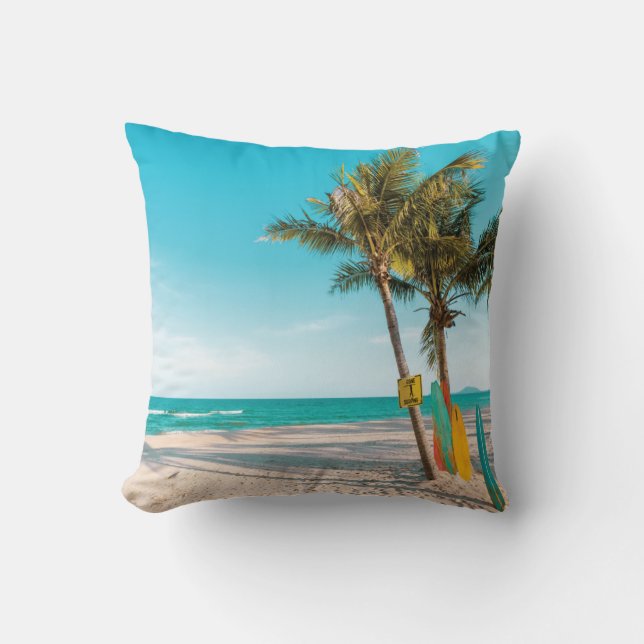 Surf boards on beach throw pillow (Front)