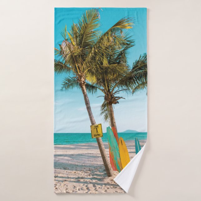 Surf boards on beach throw pillow bath towel (Bath Towel)