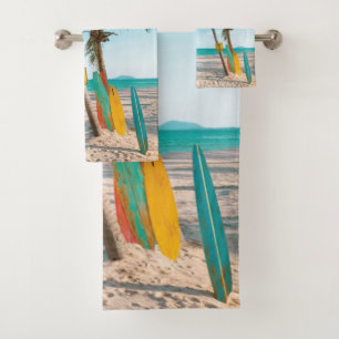 Surf boards on beach throw pillow bath towel set