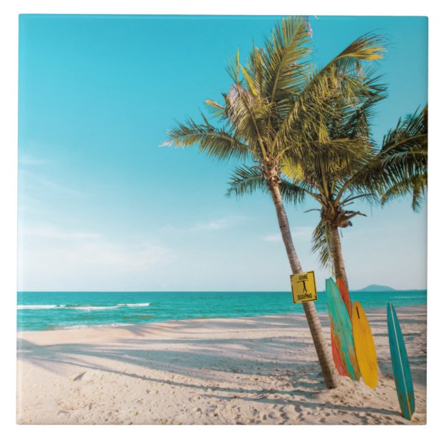 Surf boards on beach throw pillow ceramic tile (Front)