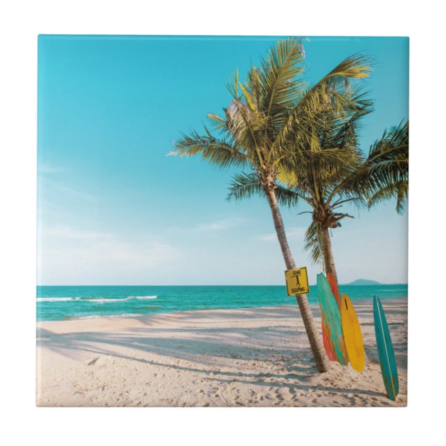 Surf boards on beach throw pillow ceramic tile (Front)