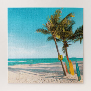 Surf boards on beach throw pillow jigsaw puzzle