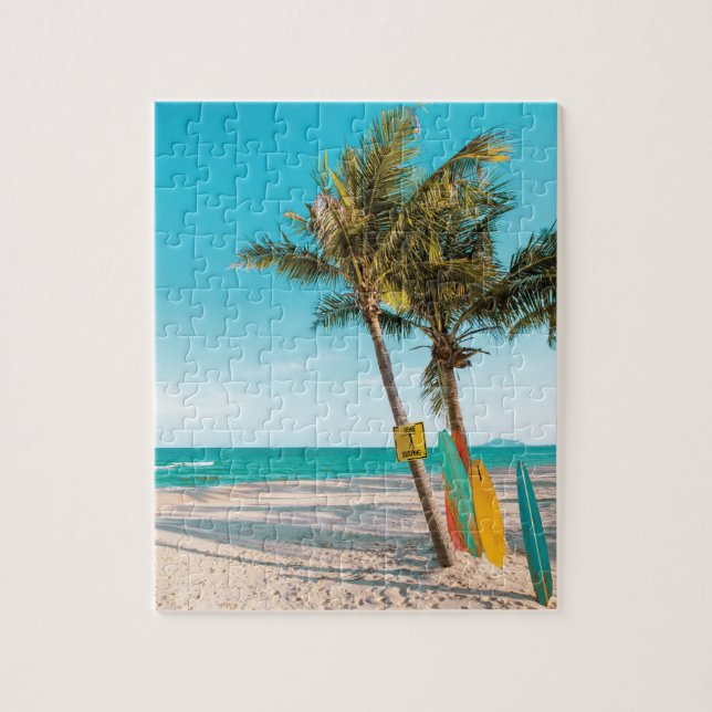 Surf boards on beach throw pillow jigsaw puzzle (Vertical)