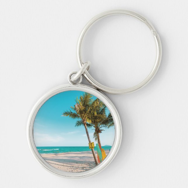 Surf boards on beach throw pillow key ring (Front)