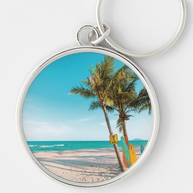 Surf boards on beach throw pillow key ring (Front)