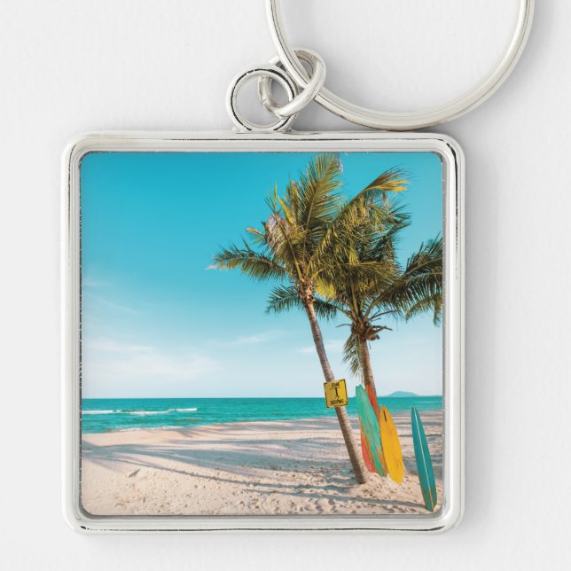Surf boards on beach throw pillow key ring (Front)