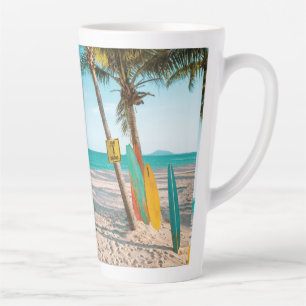 Surf boards on beach throw pillow latte mug