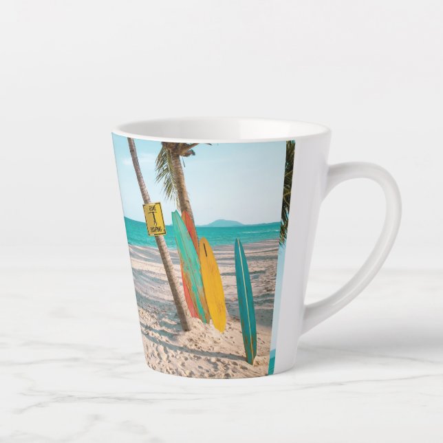 Surf boards on beach throw pillow latte mug (Right)