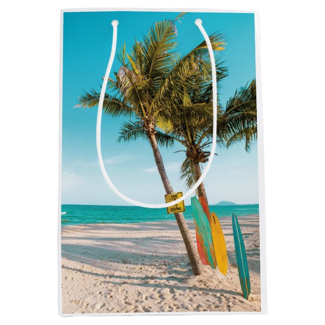 Surf boards on beach throw pillow medium gift bag (Front)