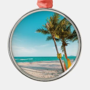Surf boards on beach throw pillow metal ornament