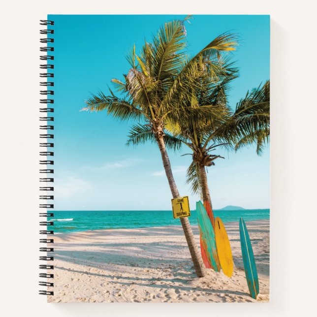 Surf boards on beach throw pillow notebook (Front)