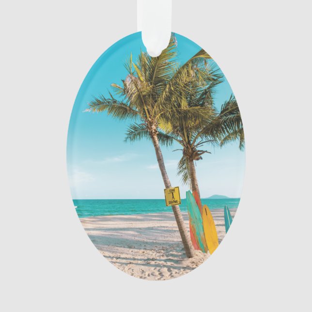 Surf boards on beach throw pillow ornament (Front)