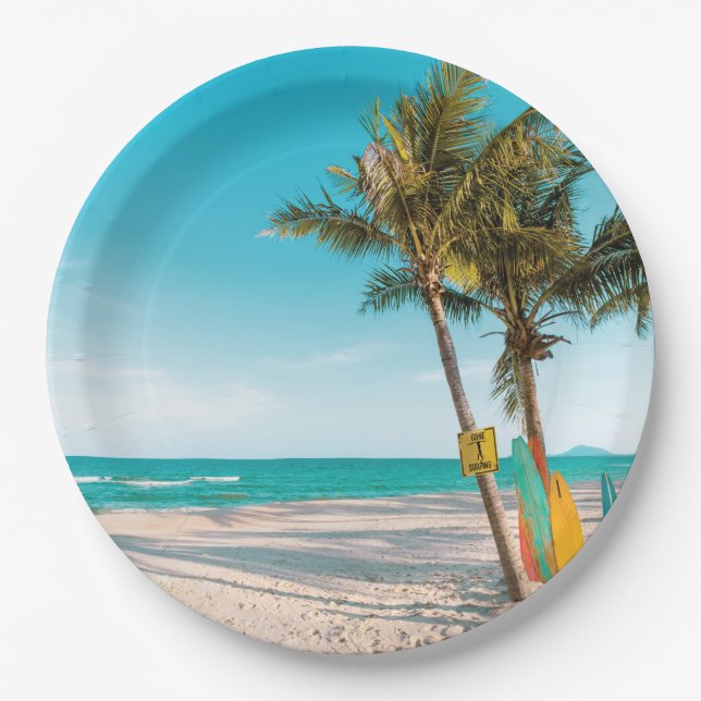 Surf boards on beach throw pillow paper plate (Front)