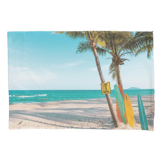 Surf boards on beach throw pillow pillowcase (Front)