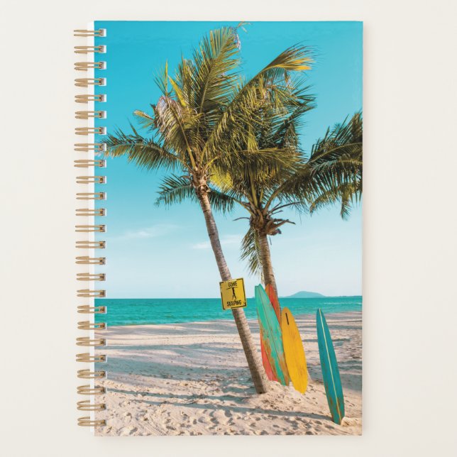 Surf boards on beach throw pillow planner (Front)