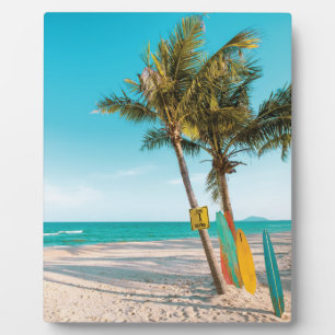 Surf boards on beach throw pillow plaque