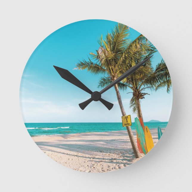 Surf boards on beach throw pillow round clock (Front)