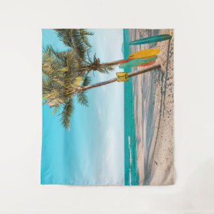 Surf boards on beach throw pillow tapestry