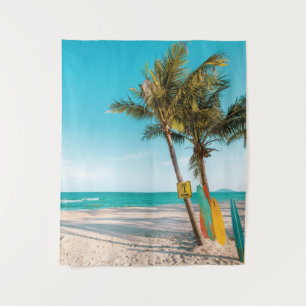 Surf boards on beach throw pillow tapestry