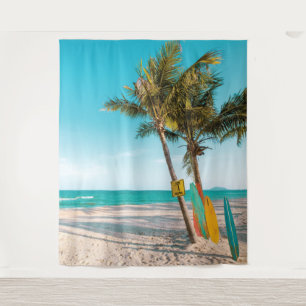 Surf boards on beach throw pillow tapestry
